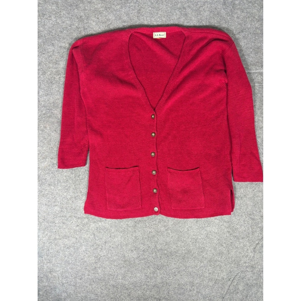 LL Bean Red Ribbed Knit Button Front V-Neck Cardigan‎ Sweater with Pockets XL